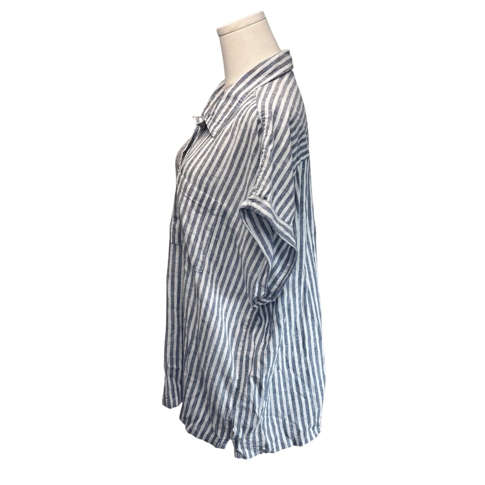 VTG Orvis Button Up Shirt Blue White Striped Linen Coastal Nautical Beach XL - Picture 4 of 12